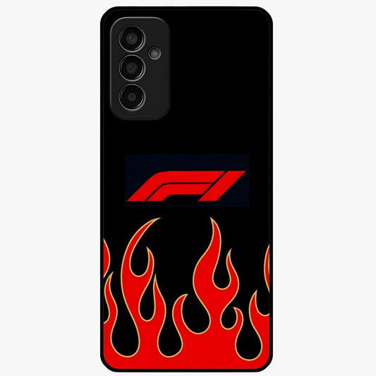 Fire F11 Glass Case showing flat back view with fiery themed artwork and glossy glass finish.