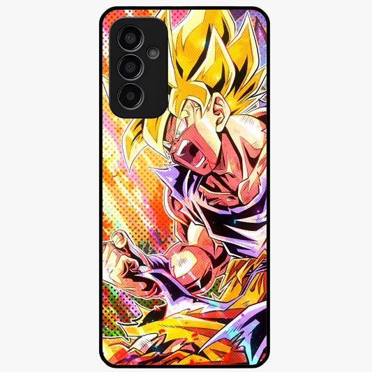 Firing Goku Glass Case showing flat back view with powerful anime inspired artwork and glossy glass finish.