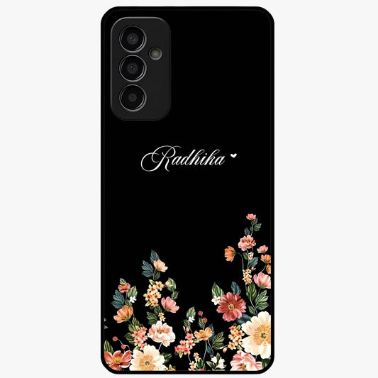 Floral Design With a Custom Personalized Name Glass Case showing flat back view with floral artwork and personalized name design.