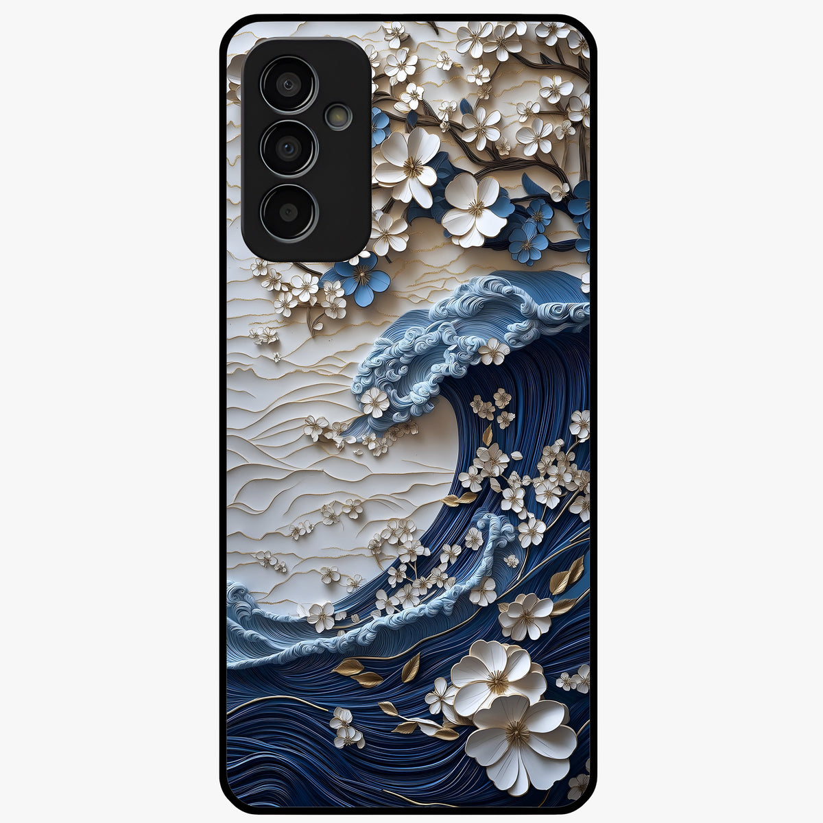 Floral Wave Origami Glass Case showing flat back view with origami inspired floral wave artwork and glossy glass finish.
