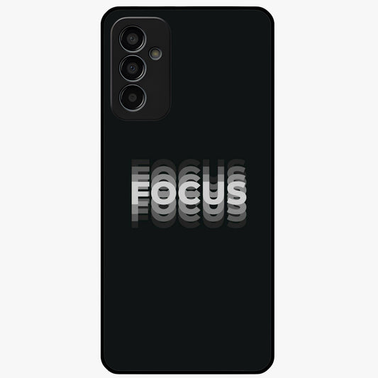Focus Mode On Glass Case showing flat back view with bold motivational typography design and glossy glass finish.