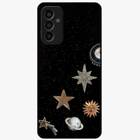 Galactic Charm Glow Glass Case showing flat back view with glowing celestial charm artwork and glossy glass finish.
