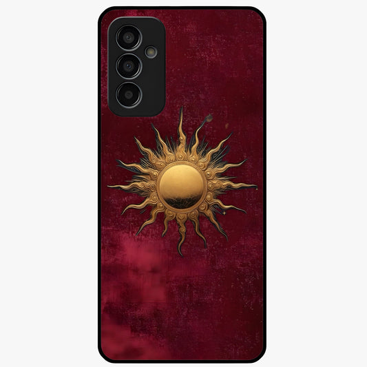 Gold Sun Blush Glass Case showing flat back view with golden sun inspired artwork and glossy glass finish.