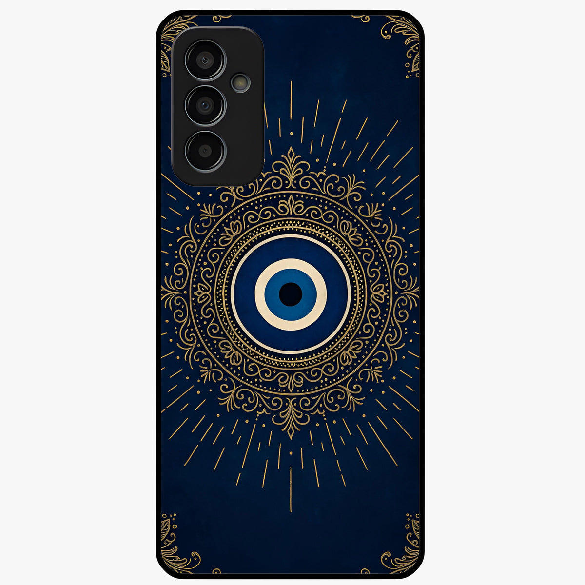 Golden Evil Eye Mandala Glass Case showing flat back view with intricate evil eye mandala artwork and glossy glass finish.