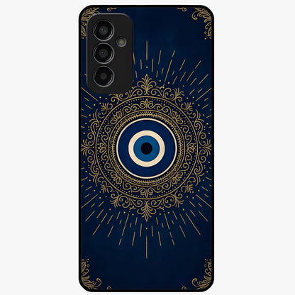 Golden Evil Eye Mandala Glass Case showing flat back view with intricate evil eye mandala artwork and glossy glass finish.