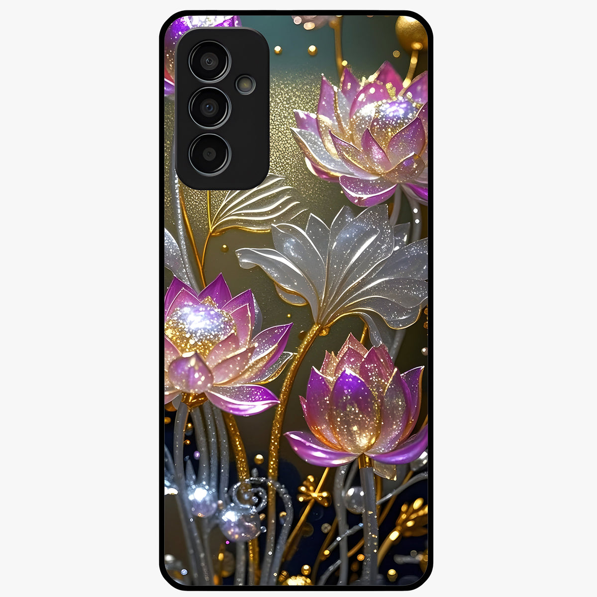 Golden Lotus Glow Glass Case showing flat back view with glowing lotus flower artwork and glossy glass finish.