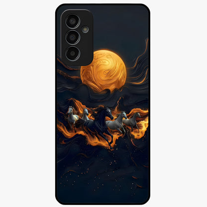 Golden Stallion Moonride Glass Case showing flat back view with majestic horse under moonlight artwork and glossy glass finish.