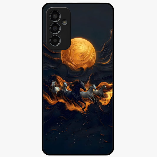 Golden Stallion Moonride Glass Case showing flat back view with majestic horse under moonlight artwork and glossy glass finish.