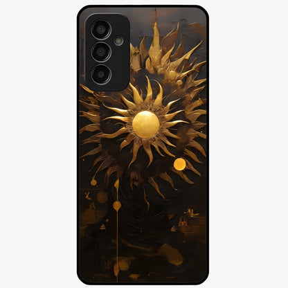 Golden Sun Majesty Glass Case showing flat back view with radiant golden sun artwork and glossy glass finish.