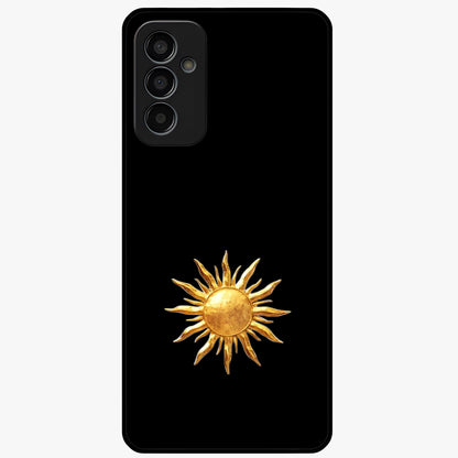 Golden Sun Minimalism Glass Case showing flat back view with minimal golden sun artwork and glossy glass finish.