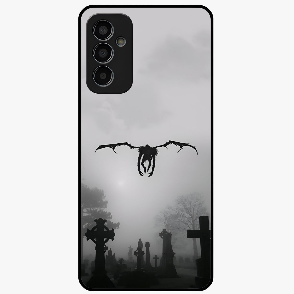 Graveyard Shadow Descent Glass Case showing flat back view with dark graveyard themed artwork and glossy glass finish.