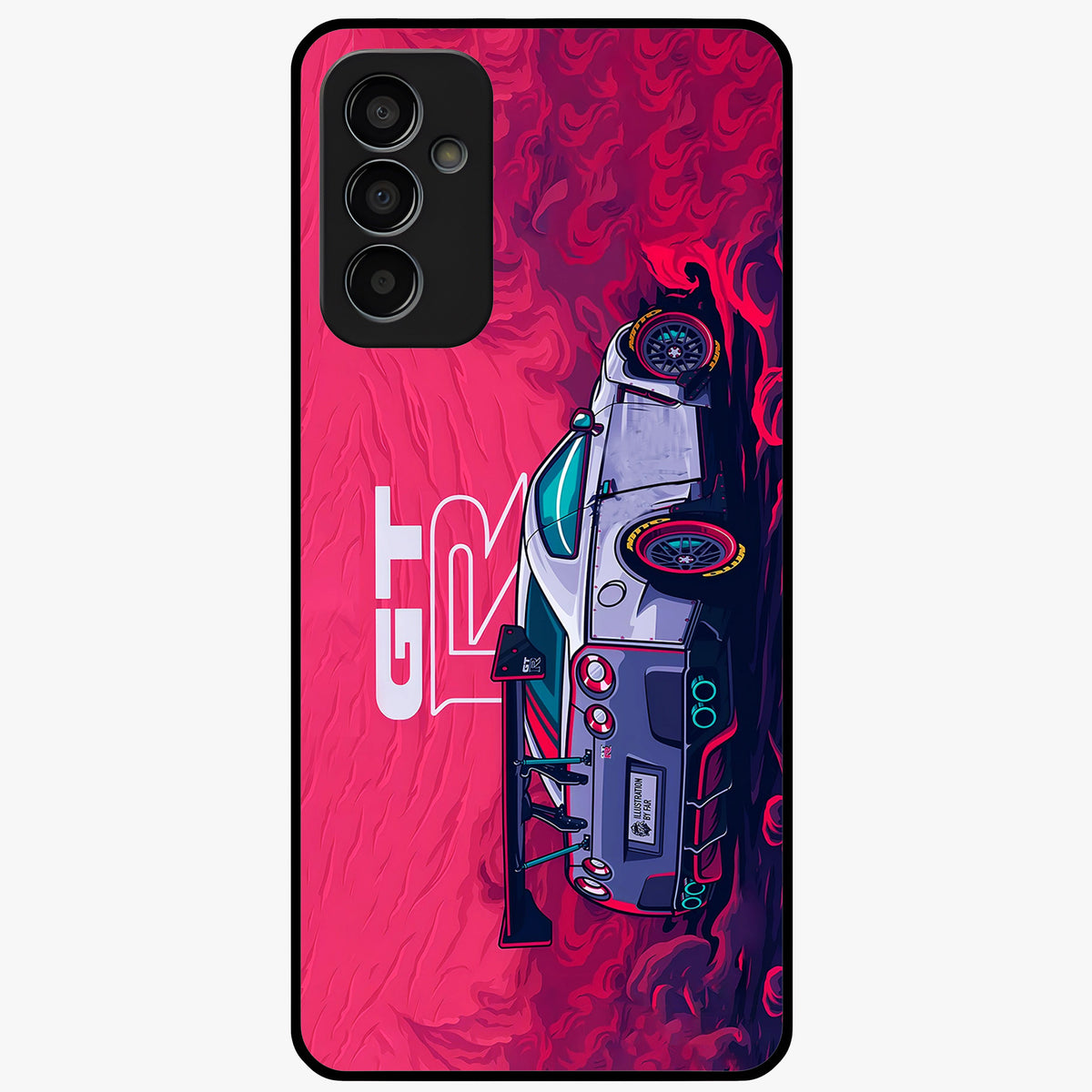 GT-R Car Pattern Glass Case showing flat back view with sporty car inspired pattern artwork and glossy glass finish.