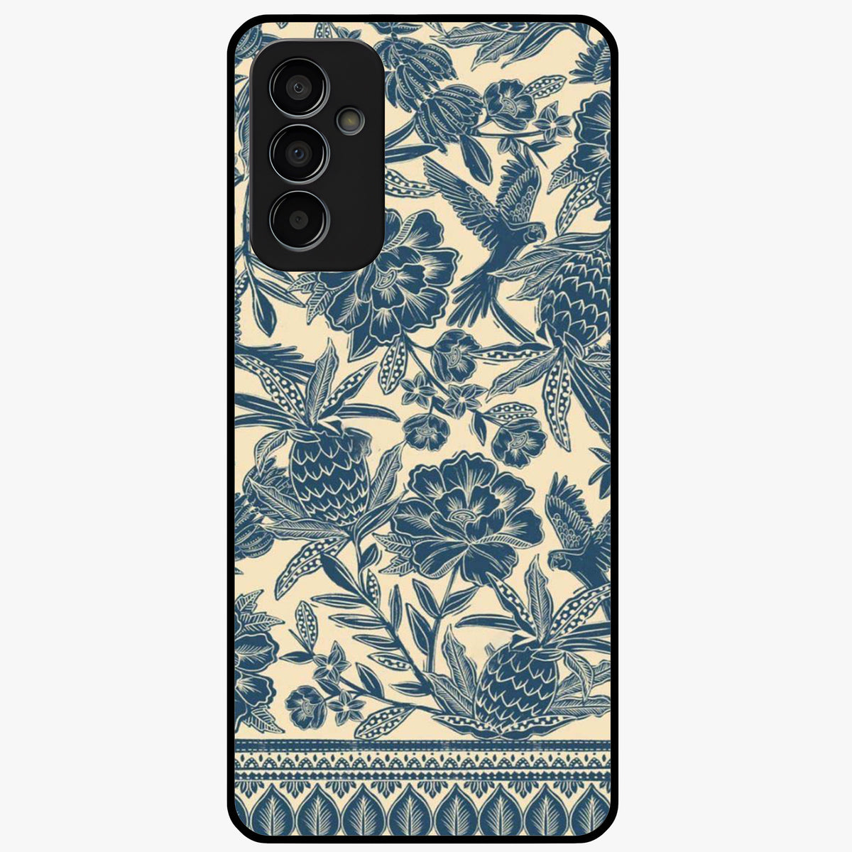 Heirloom Wild Bloom Glass Case showing flat back view with vintage inspired wild flower artwork and glossy glass finish.