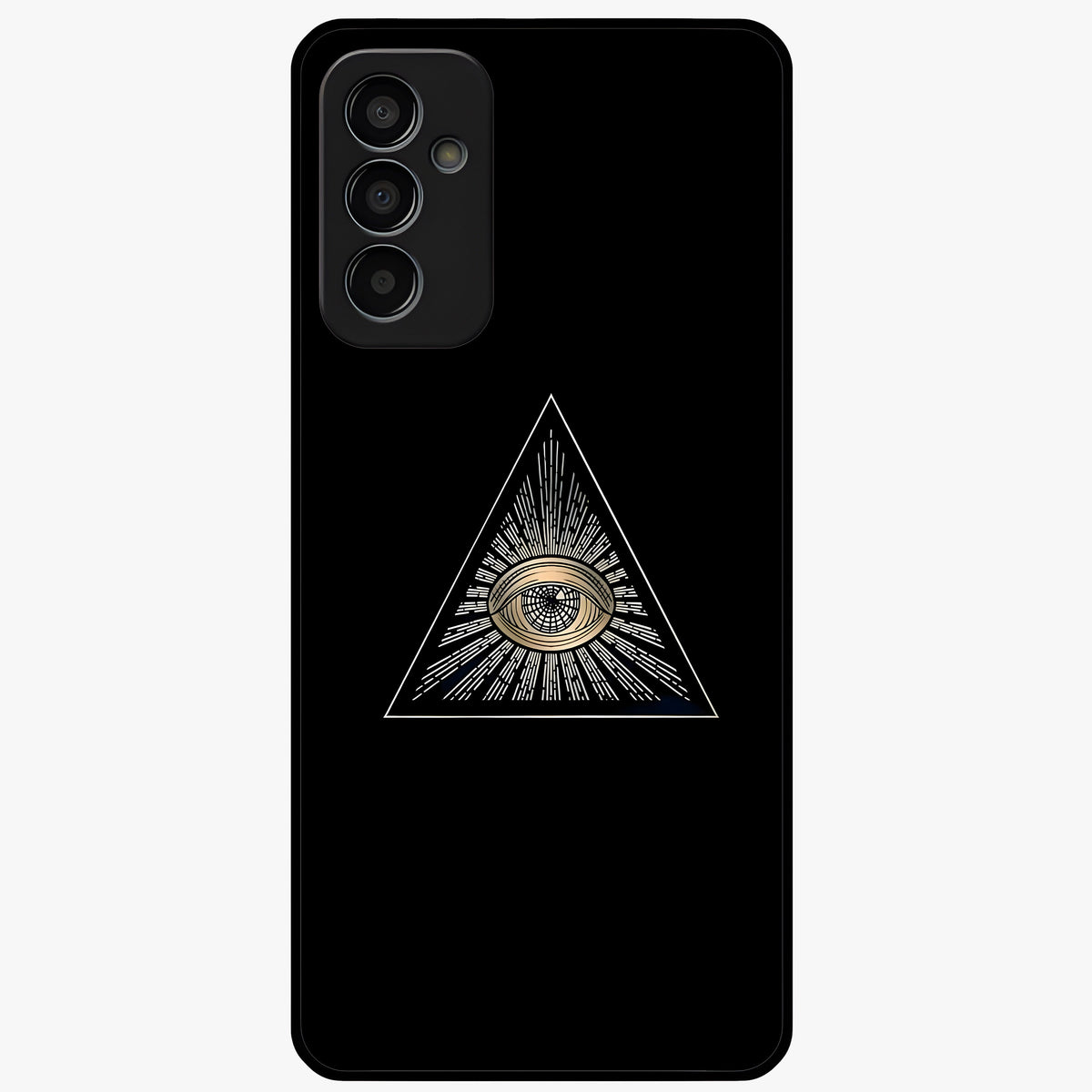 Illuminati Evil Glass Case showing flat back view with mysterious illuminati symbol artwork and glossy glass finish.