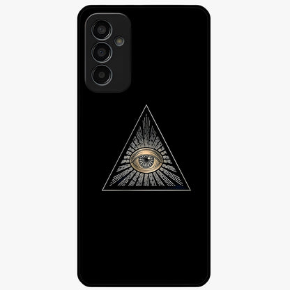 Illuminati Evil Glass Case showing flat back view with mysterious illuminati symbol artwork and glossy glass finish.