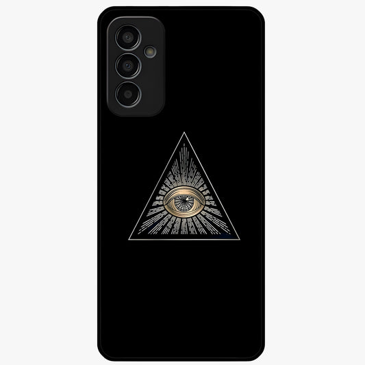 Illuminati Evil Glass Case showing flat back view with mysterious illuminati symbol artwork and glossy glass finish.