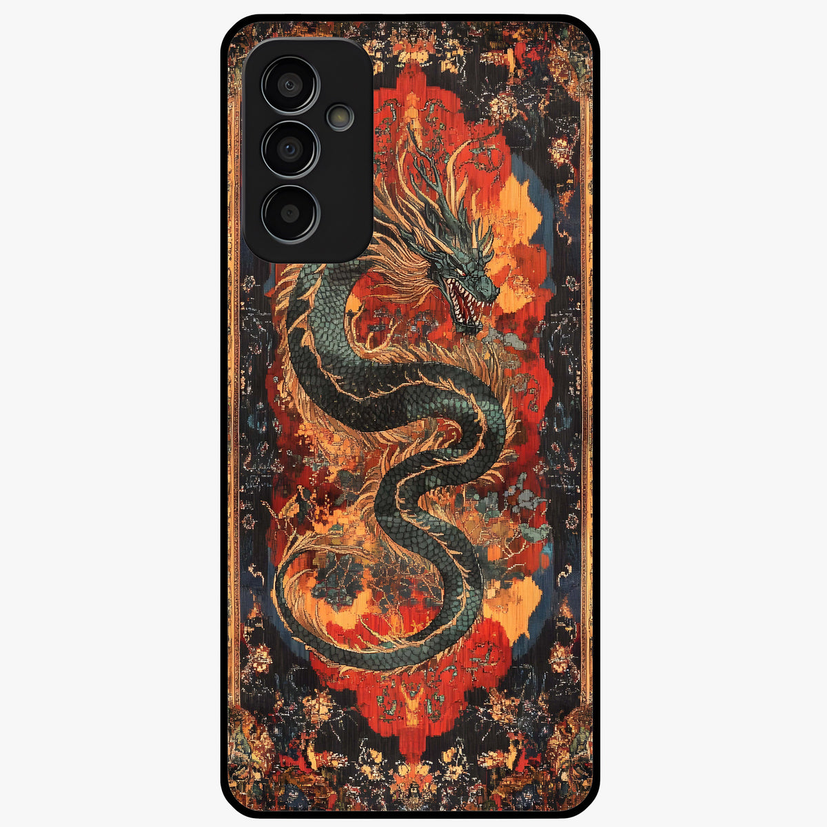 Inferno Dragon Soul Glass Case showing flat back view with fiery dragon artwork and glossy glass finish.