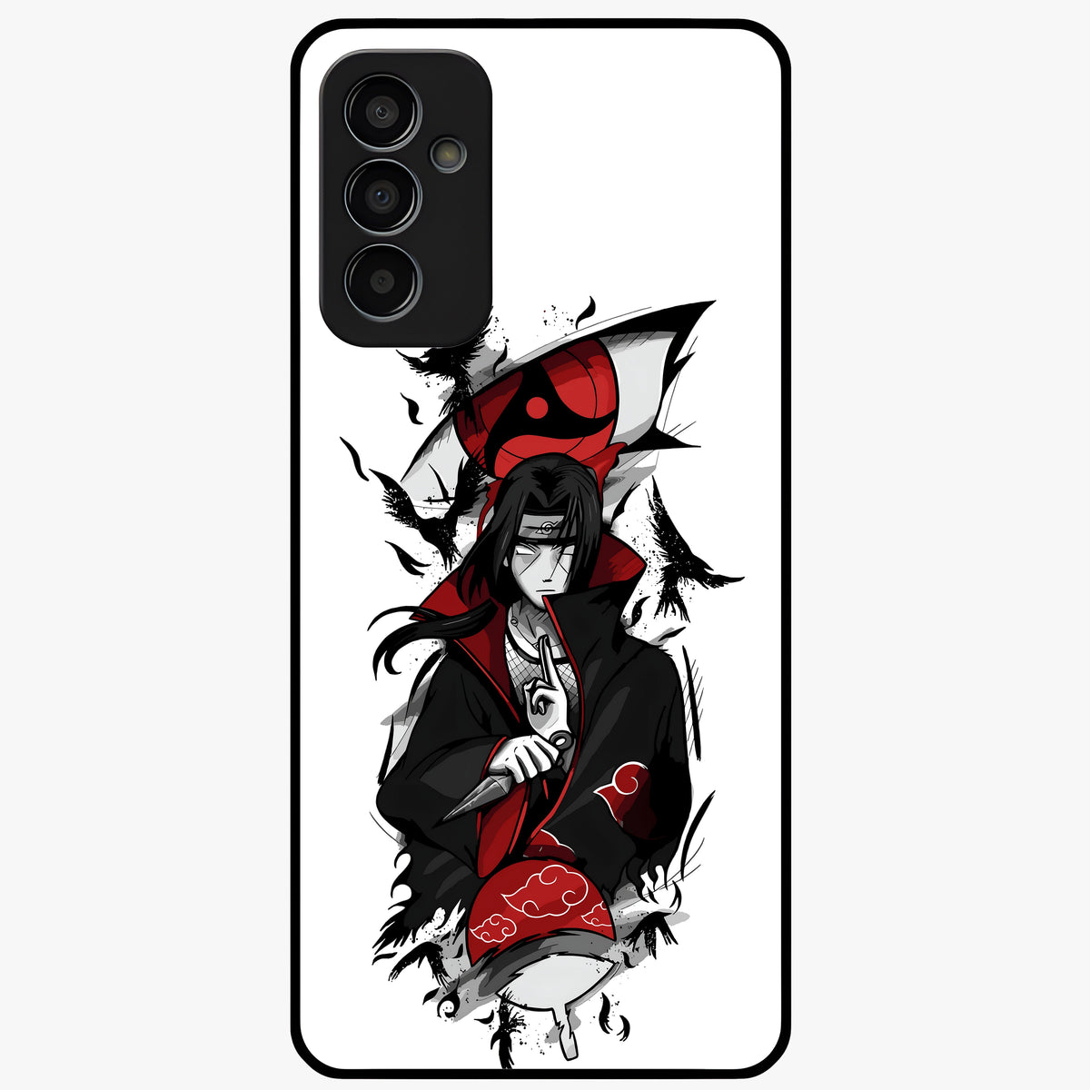 Itachi Sharingan Glass Case showing flat back view with powerful anime eye artwork and glossy glass finish.