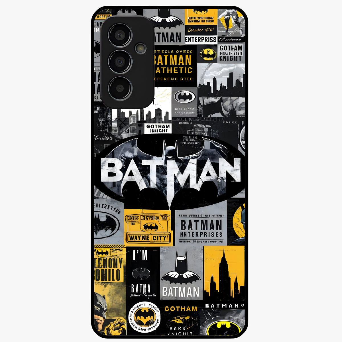 Knight Gotham Rise Glass Case showing flat back view with dark hero inspired artwork and glossy glass finish.
