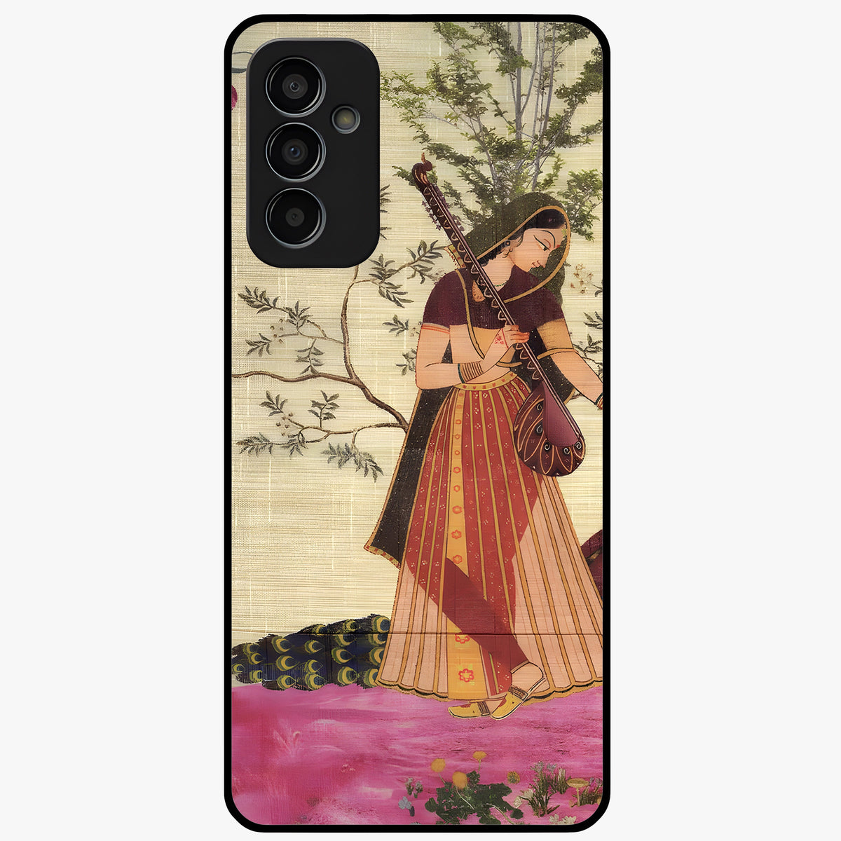Lady With Veena Art Glass Case showing flat back view with elegant woman playing veena artwork and glossy glass finish.