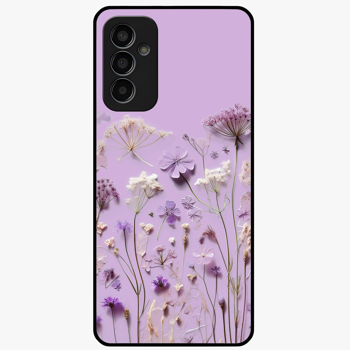Lavender Blossom Dream Glass Case showing flat back view with soft lavender floral artwork and glossy glass finish.