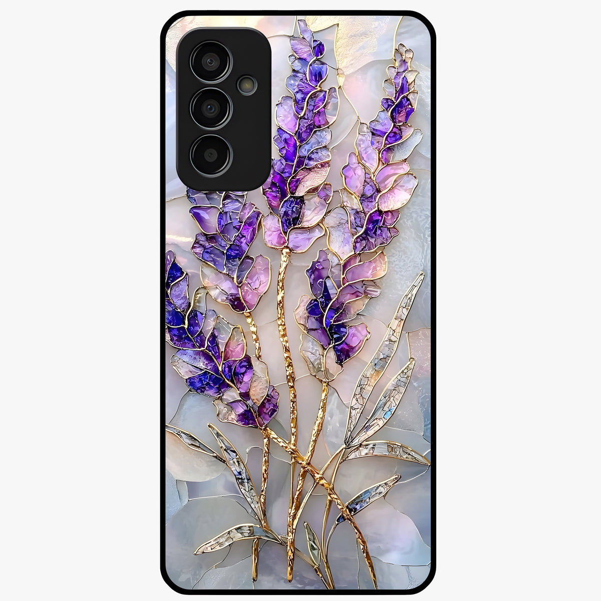 Lavender Dream Glow Glass Case showing flat back view with glowing lavender aesthetic artwork and glossy glass finish.