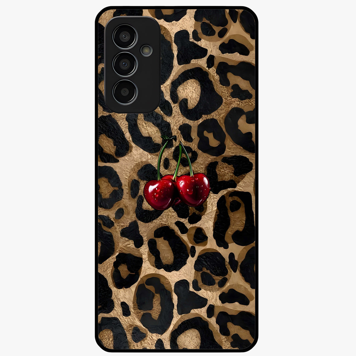 Leopard Wild Cherry Glass Case showing flat back view with leopard pattern and cherry artwork and glossy glass finish.