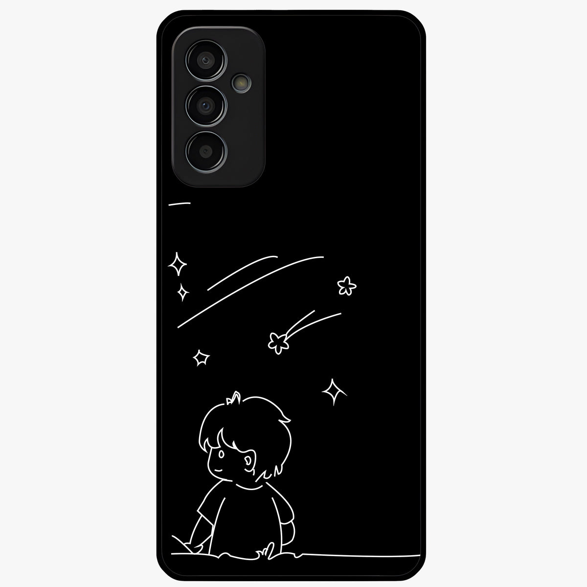 Line Art Boy With Shooting Stars Glass Case showing flat back view with minimal line art boy and shooting stars illustration and glossy glass finish.