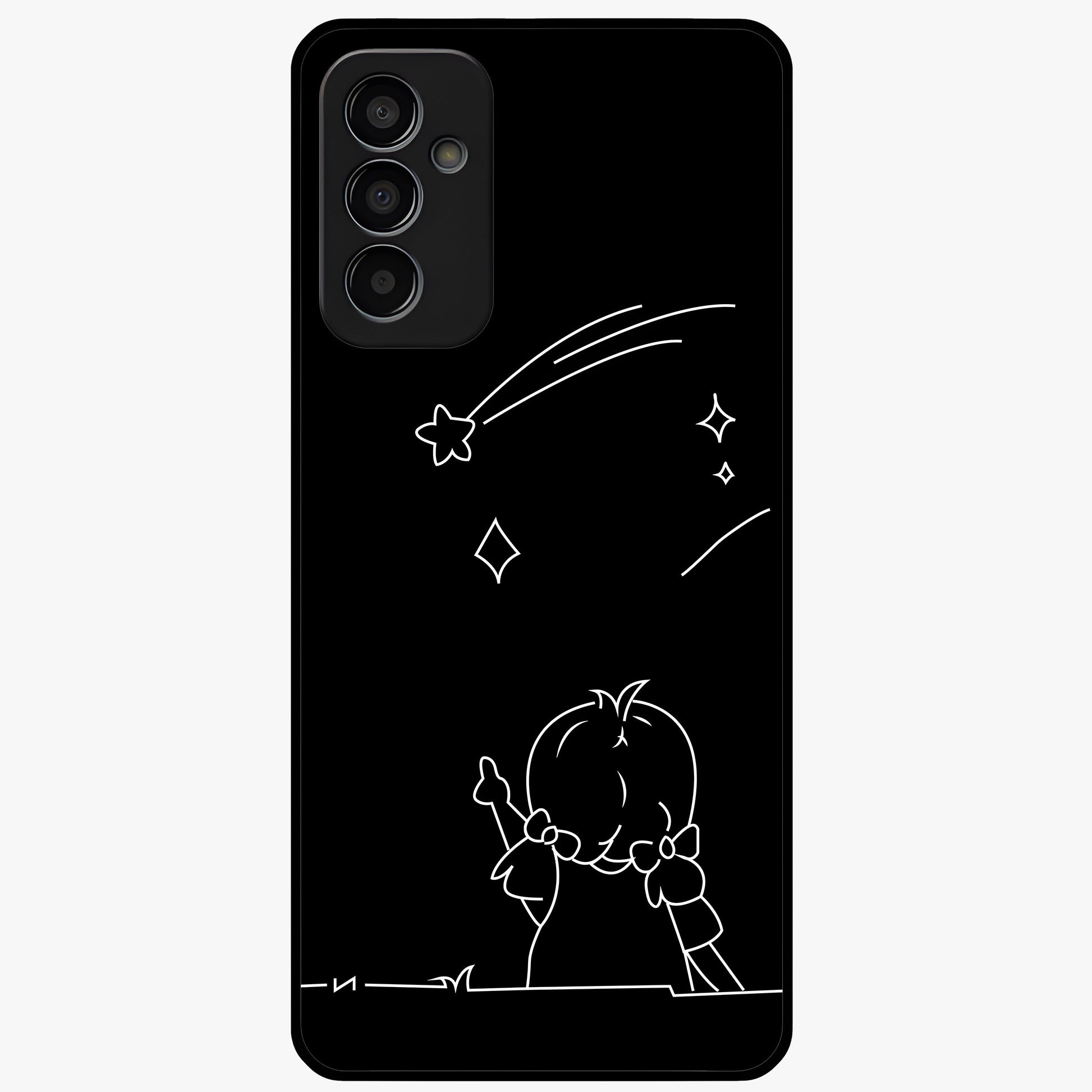 Line Art Girl With Shooting Stars Glass Case showing flat back view with minimal line art girl and shooting stars illustration and glossy glass finish.