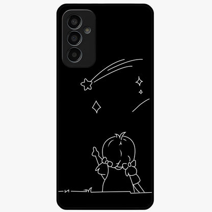 Line Art Girl With Shooting Stars Glass Case showing flat back view with minimal line art girl and shooting stars illustration and glossy glass finish.