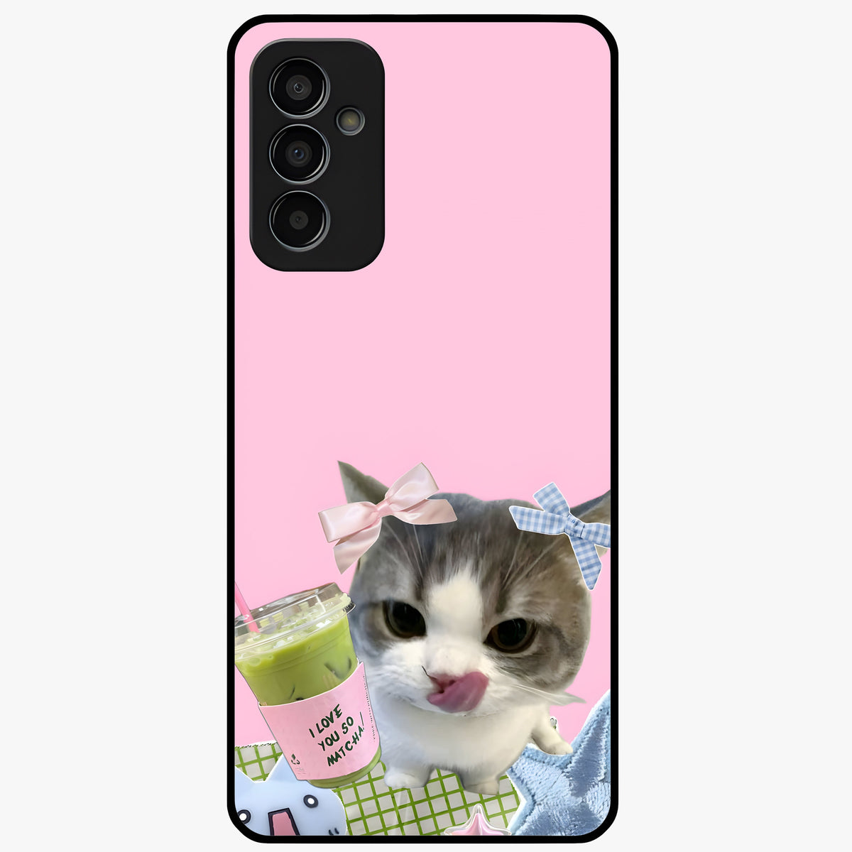 Love Matcha Cat Glass Case showing flat back view with cute cat and matcha themed artwork and glossy glass finish.