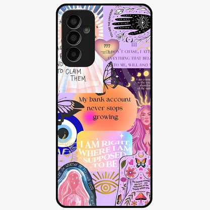 Manifestation Collage Glass Case showing flat back view with motivational collage artwork and glossy glass finish.
