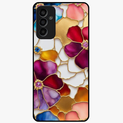 Marble Flower Pattern Glass Case showing flat back view with marble texture floral artwork and glossy glass finish.
