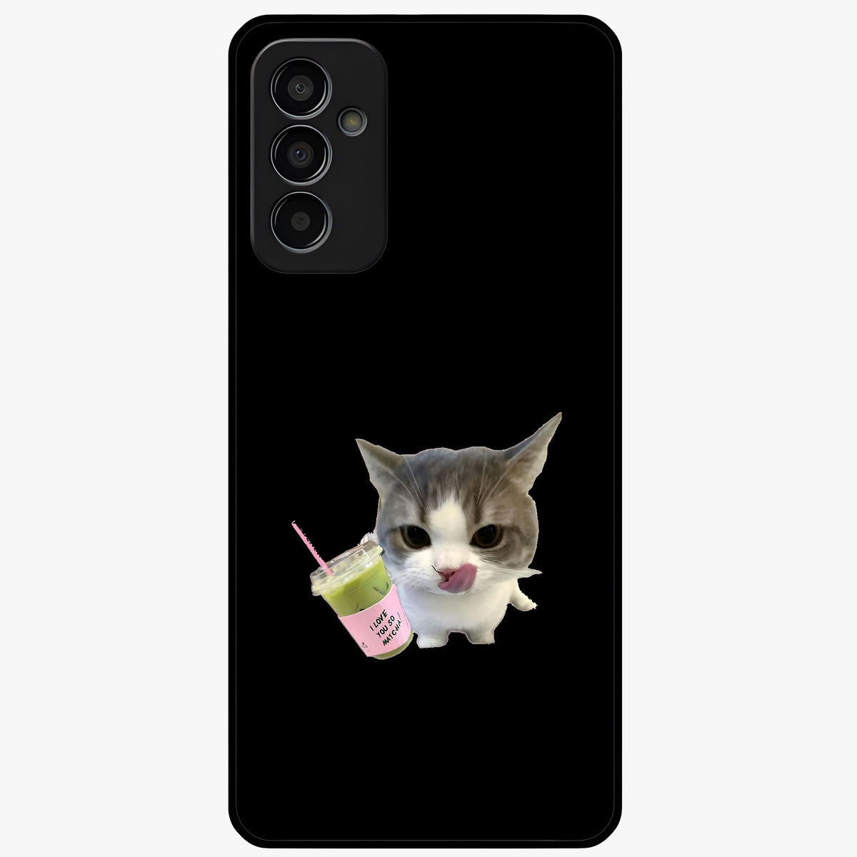 Matcha Cat Style Glass Case showing flat back view with cute matcha themed cat artwork and glossy glass finish.