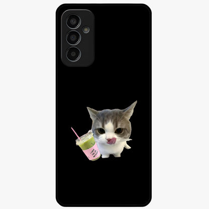 Matcha Cat Style Glass Case showing flat back view with cute matcha themed cat artwork and glossy glass finish.