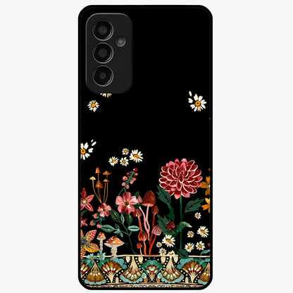 Midnight Bloom Pattern Glass Case showing flat back view with dark floral pattern artwork and glossy glass finish.