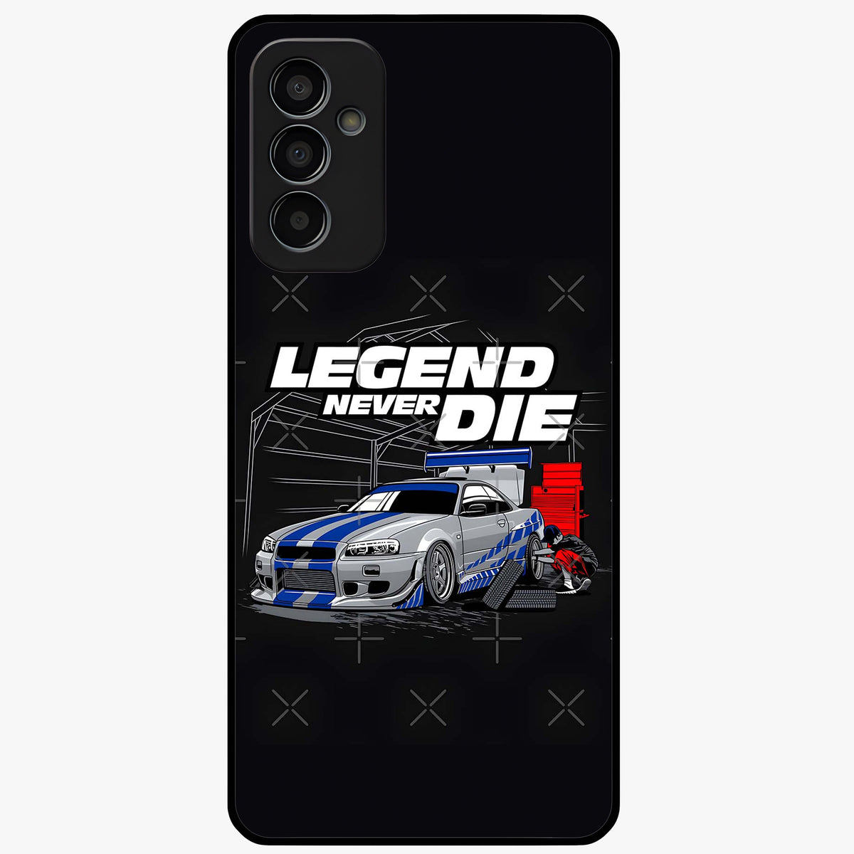Midnight Racing Legacy Glass Case showing flat back view with sleek racing inspired artwork and glossy glass finish.