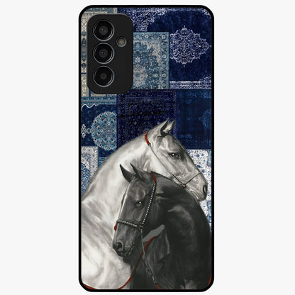 Midnight Stallion Blues Glass Case showing flat back view with majestic horse artwork and glossy glass finish.