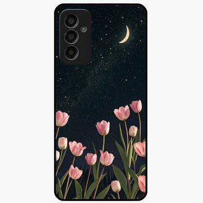 Midnight Tulip Whispers Vibe Glass Case showing flat back view with elegant tulip flower artwork and glossy glass finish.