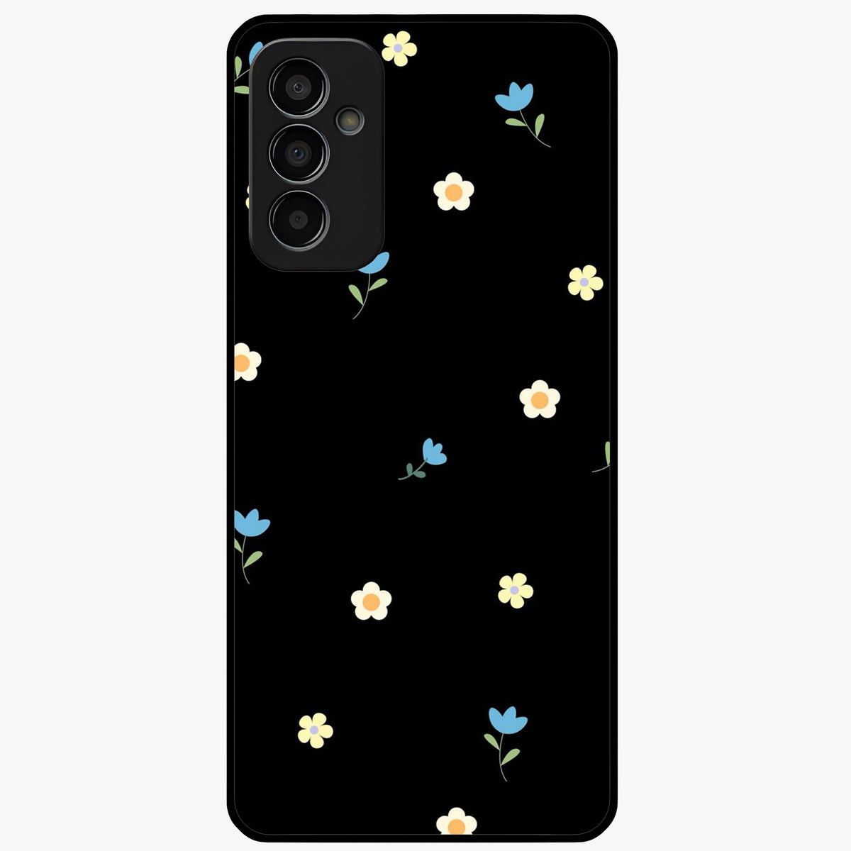 Minimalistic Blue With White Flower Pattern Glass Case showing flat back view with blue background and white flower pattern and glossy glass finish.