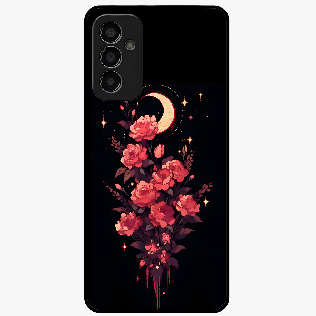 Moonlit Floral Elegance Glass Case showing flat back view with elegant floral artwork under moonlit tones and glossy glass finish.