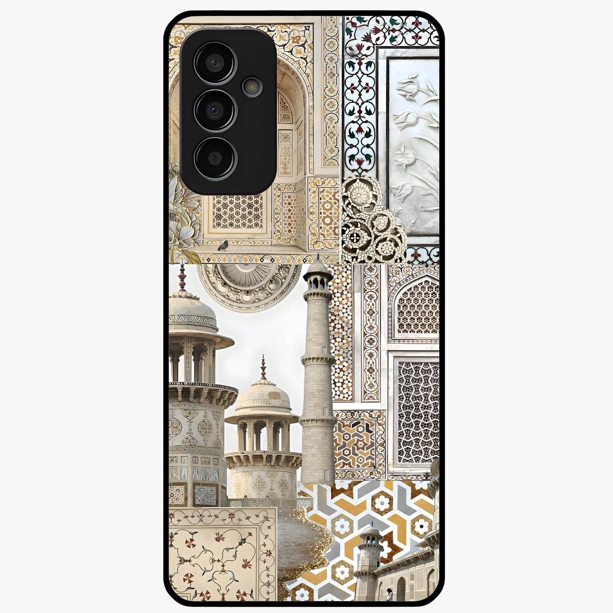 Mughal Marble Legacy Glass Case showing flat back view with intricate Mughal inspired marble pattern and glossy glass finish.