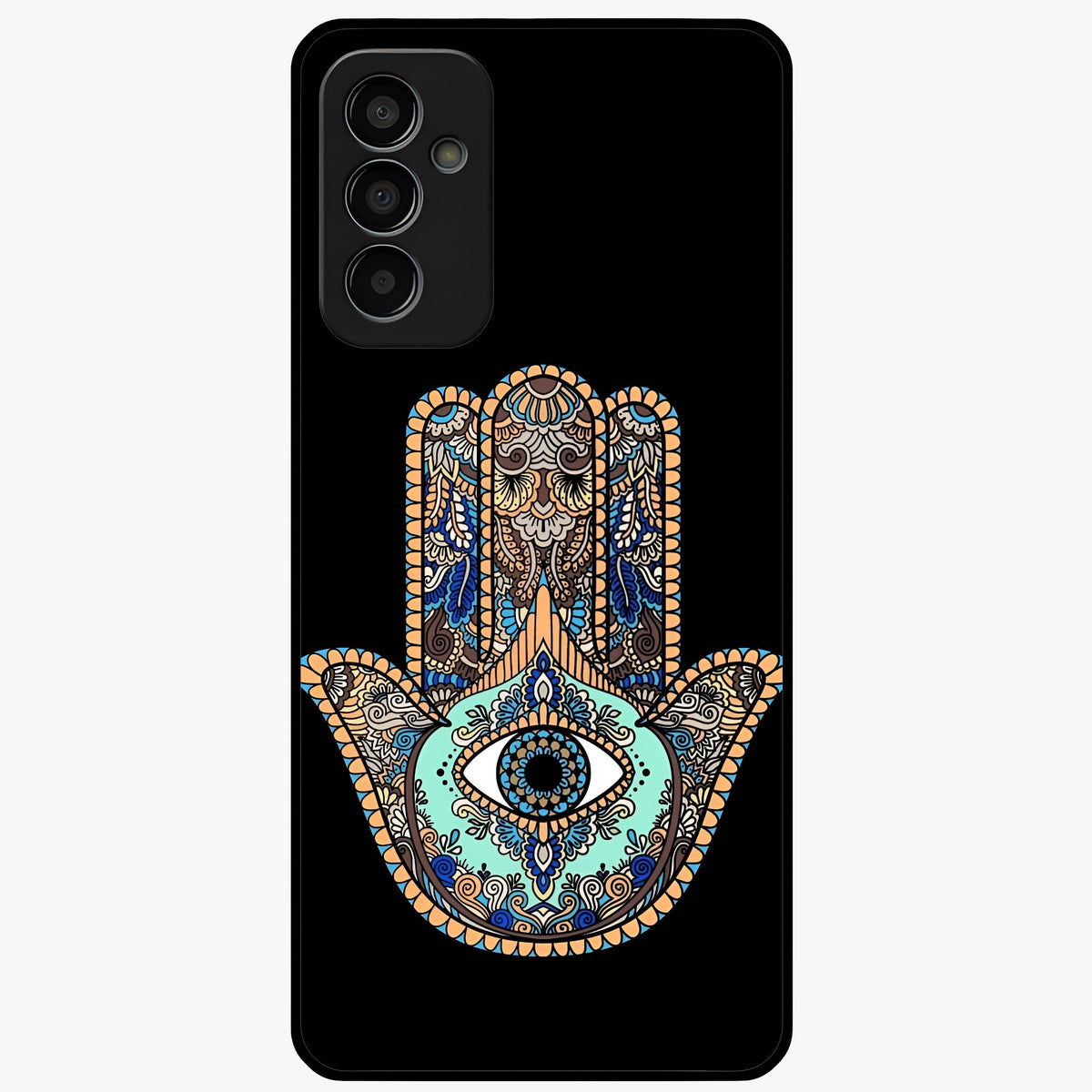 Mystic Hamsa Eye Glass Case showing flat back view with protective hamsa hand and evil eye artwork and glossy glass finish.