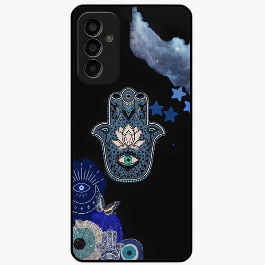Mystic Hand Aura Glass Case showing flat back view with mystical hand symbol artwork and glossy glass finish.