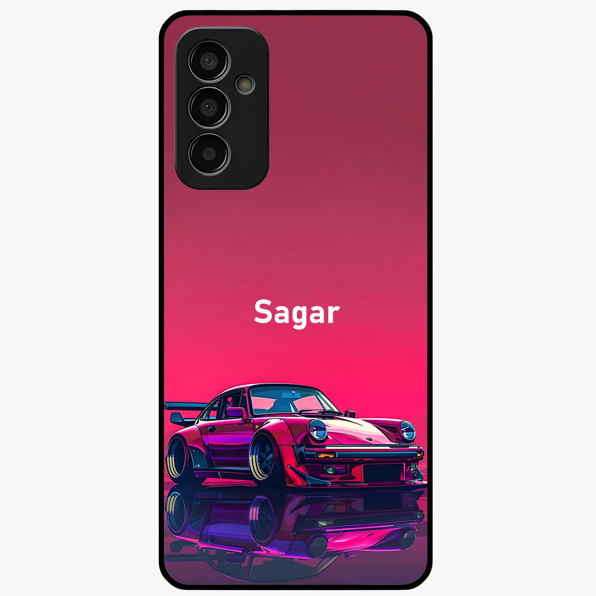 Neon Pink Porsche Glass Case showing flat back view with stylish sports car artwork and glossy glass finish.