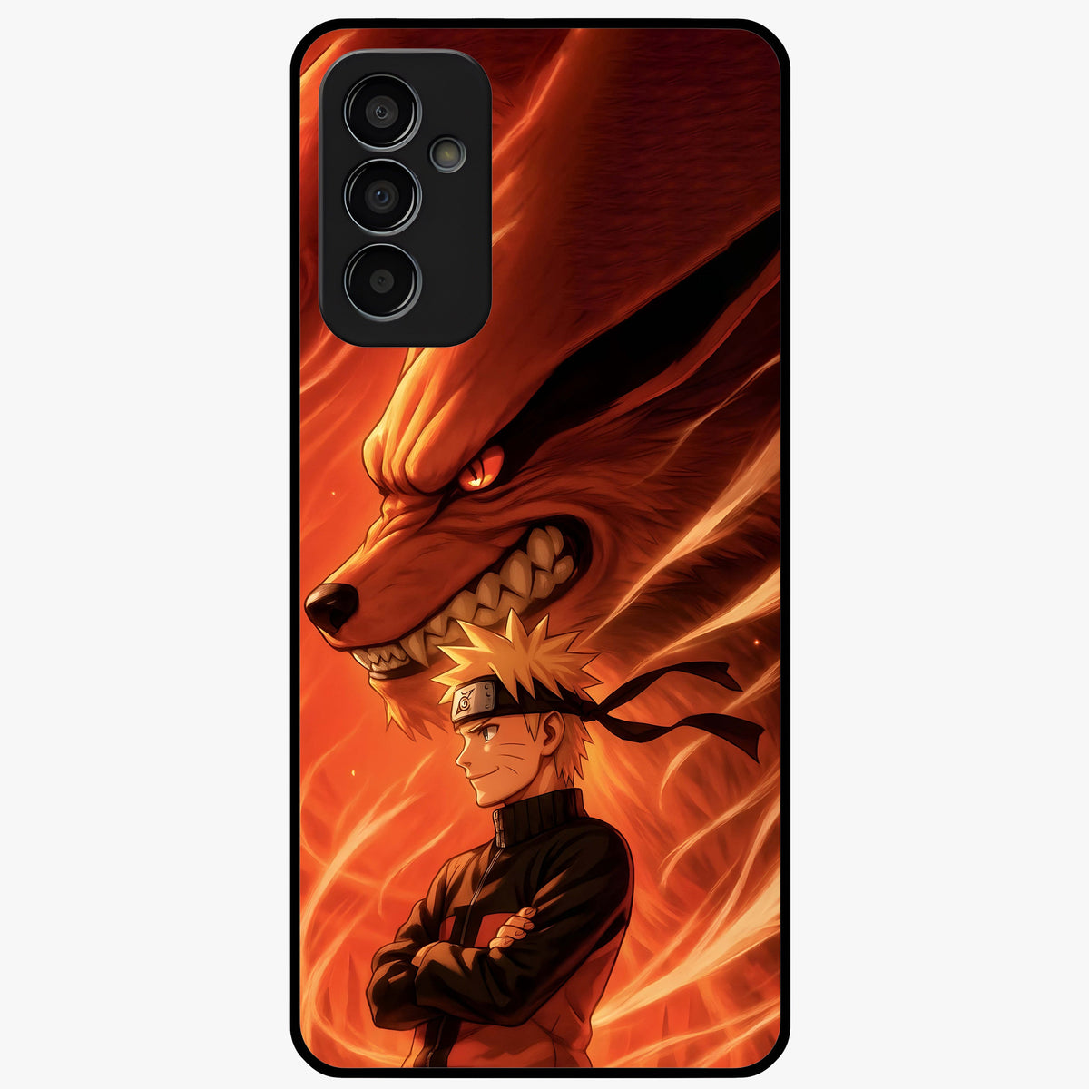 Nine Tails Legacy Glass Case showing flat back view with powerful nine-tailed fox inspired artwork and glossy glass finish.