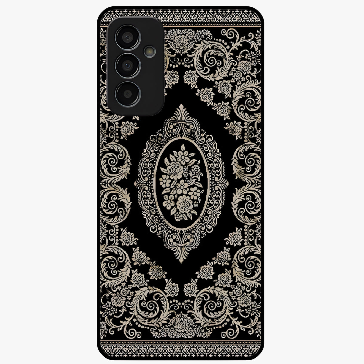 Noir Bloom Elegance Glass Case showing flat back view with elegant dark floral artwork and glossy glass finish.
