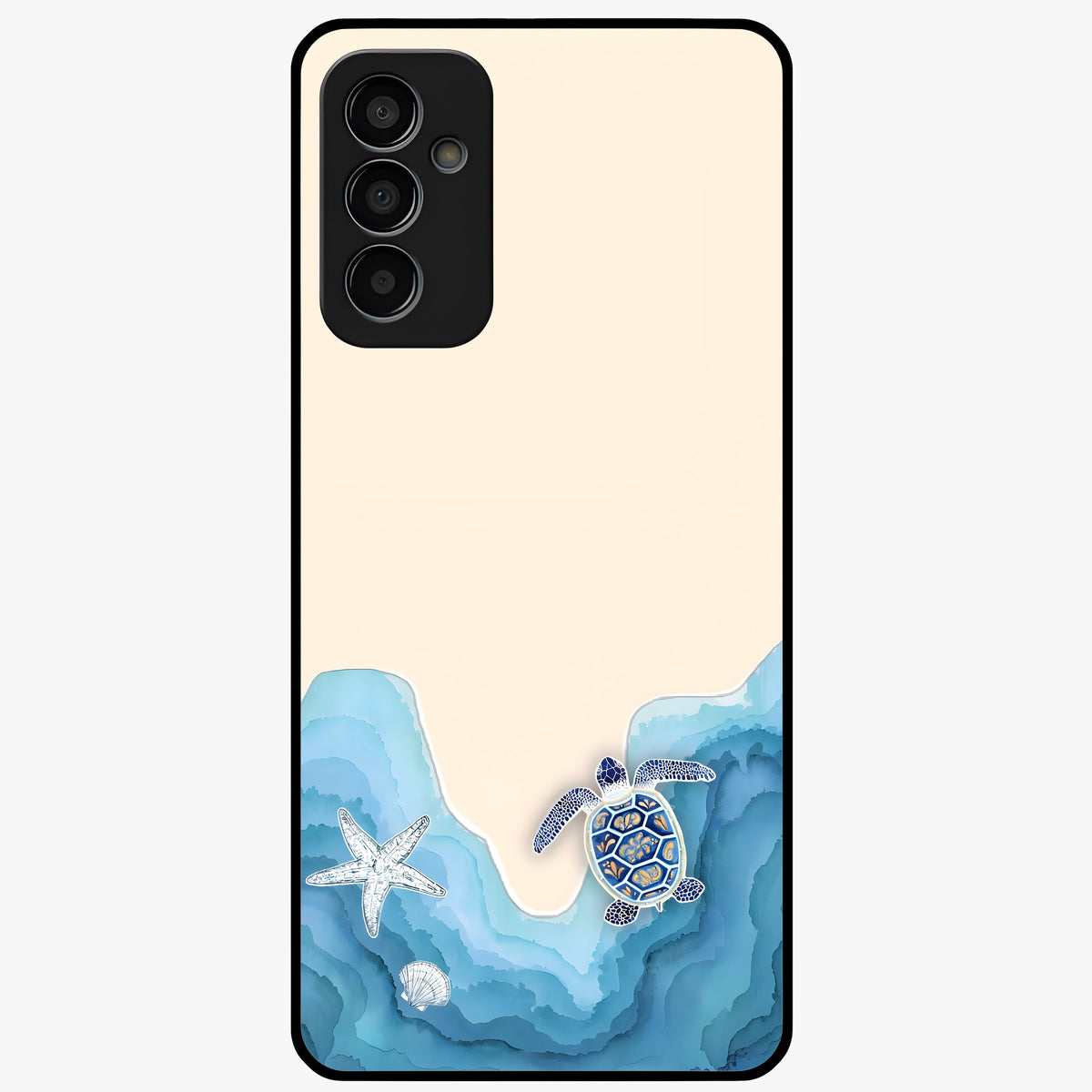 Ocean Drift Turtle Glass Case showing flat back view with sea turtle artwork and glossy glass finish.