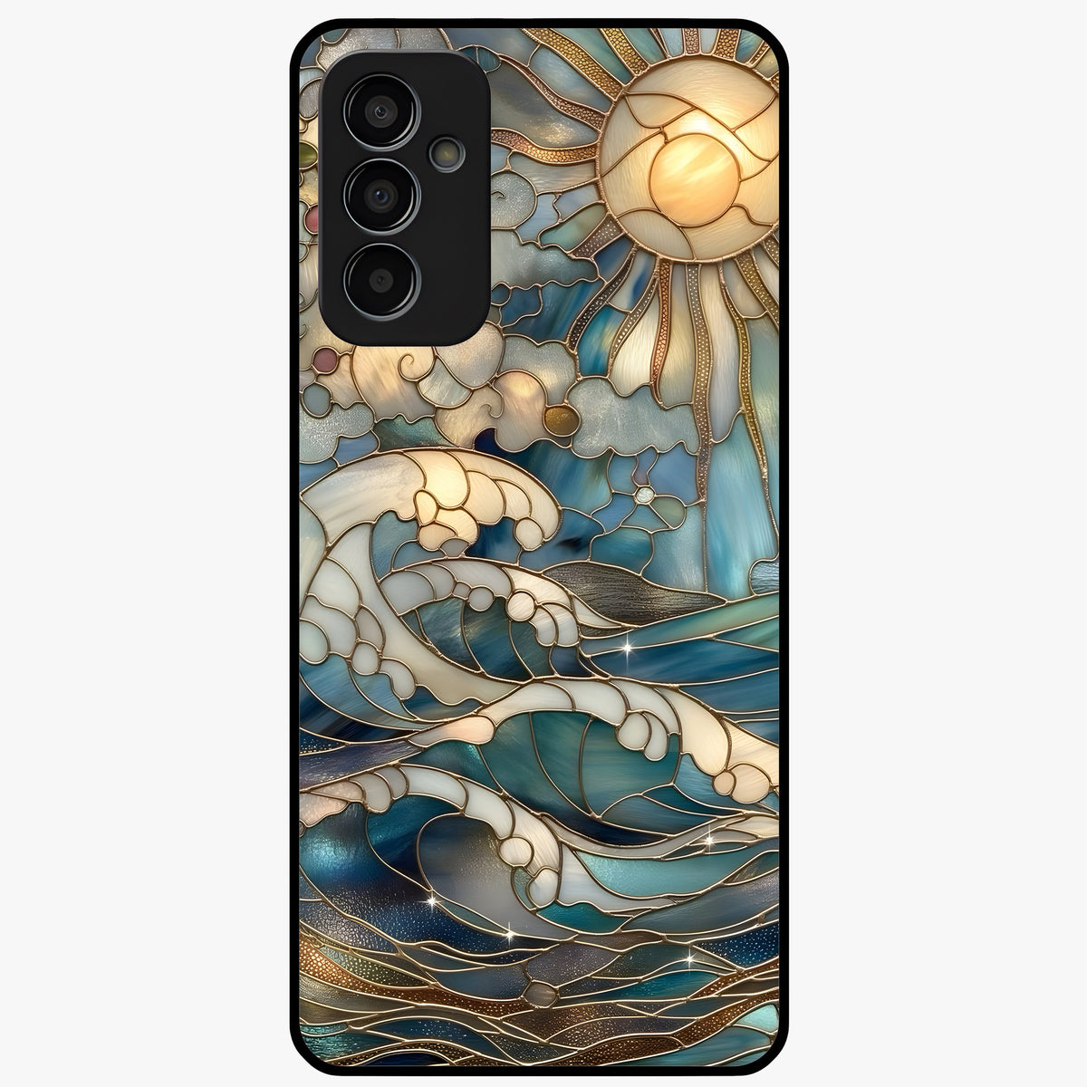Oceanic Stained Printed Glass Case showing flat back view with ocean inspired stained pattern artwork and glossy glass finish.