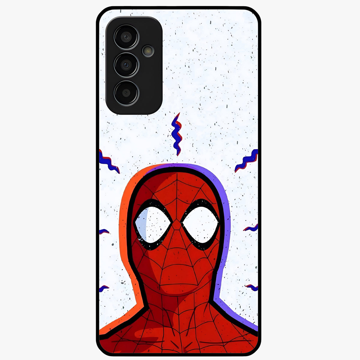 Omg Spiderman Glass Case showing flat back view with bold superhero inspired artwork and glossy glass finish.